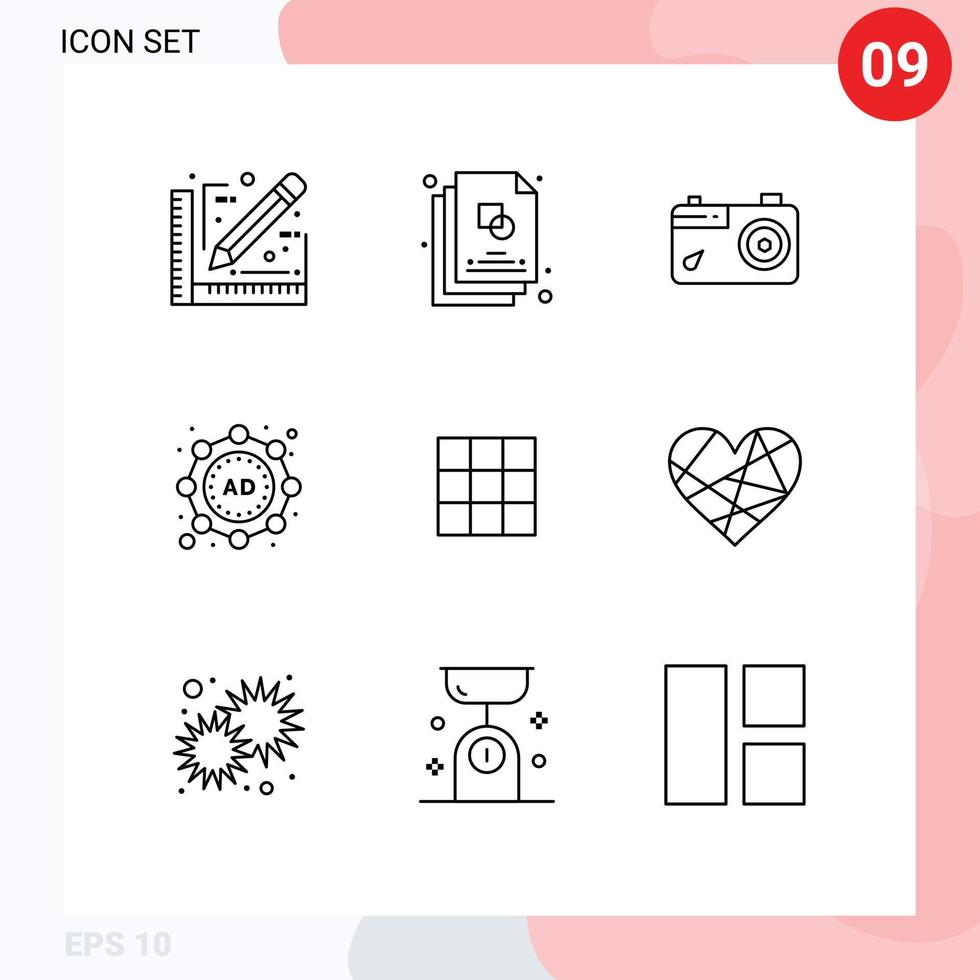 Group of 9 Outlines Signs and Symbols for instagram feed camera strategy ad Editable Vector Design Elements
