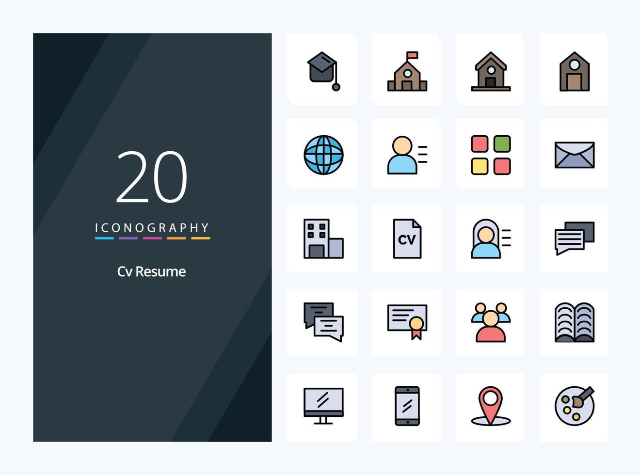 20 CV currículum línea lleno icono para presentación vector