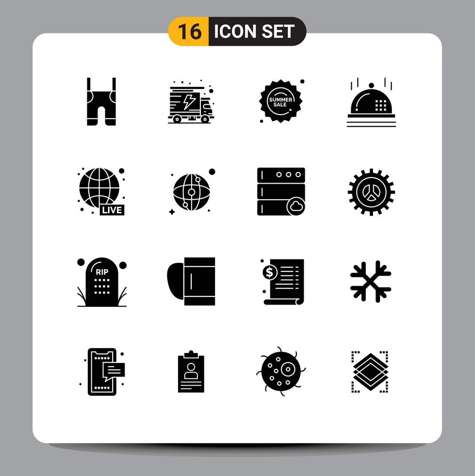 Universal Icon Symbols Group of 16 Modern Solid Glyphs of news broadcasting sale dinner celebration Editable Vector Design Elements
