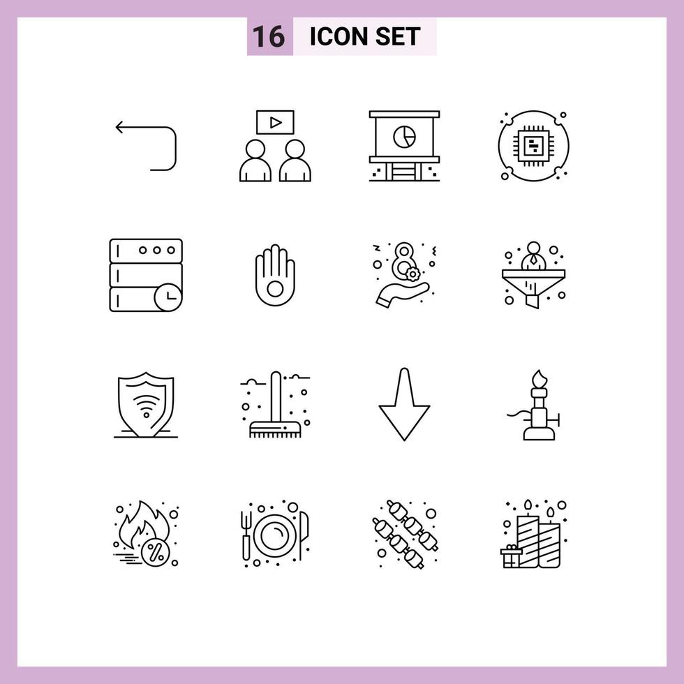 Group of 16 Modern Outlines Set for server hardware businessman processor chip Editable Vector Design Elements