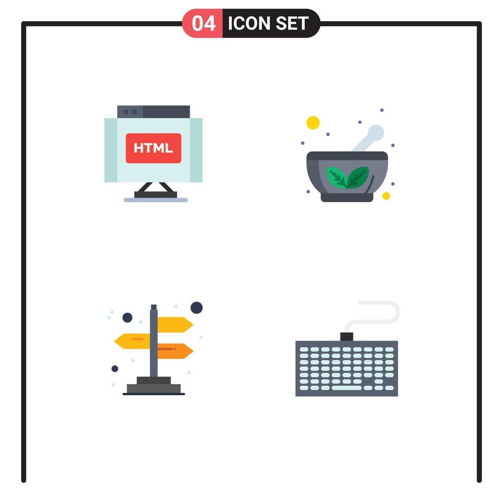 4 Thematic Vector Flat Icons and Editable Symbols of code direction internet herbal bowl hardware Editable Vector Design Elements
