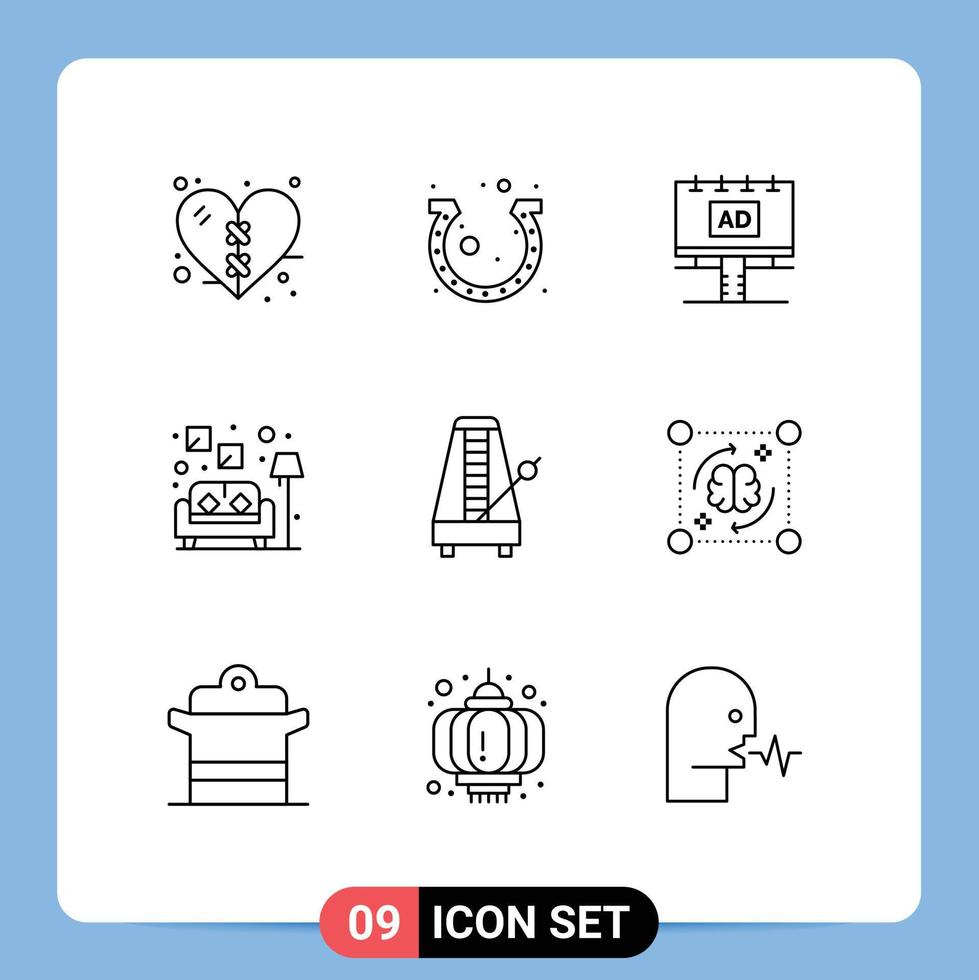 Mobile Interface Outline Set of 9 Pictograms of audio lamp luck couch billboard Editable Vector Design Elements
