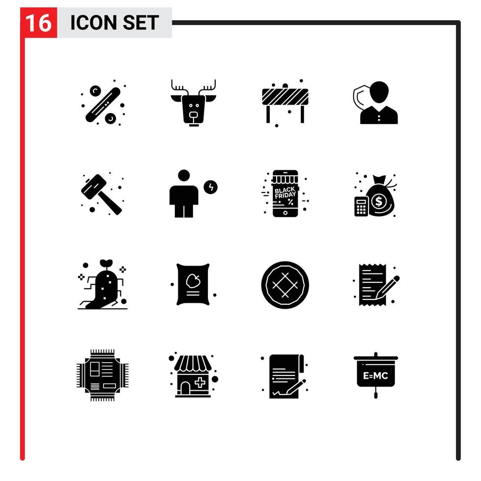 Group of 16 Solid Glyphs Signs and Symbols for protection person attention insurance security Editable Vector Design Elements