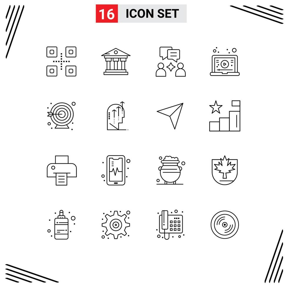 16 Universal Outline Signs Symbols of target darts man video learning Editable Vector Design Elements