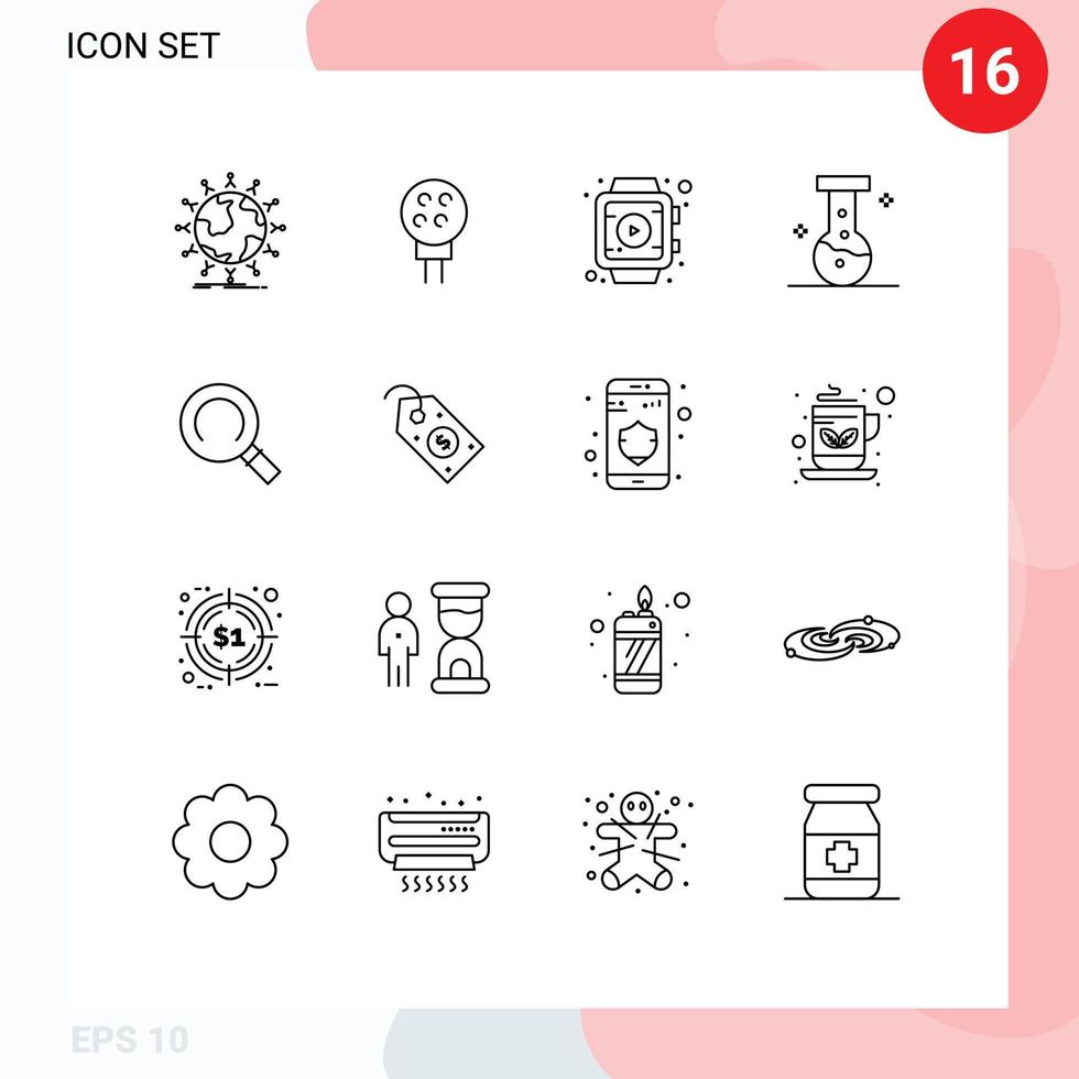 Editable Vector Line Pack of 16 Simple Outlines of search general sport laboratory chemical Editable Vector Design Elements