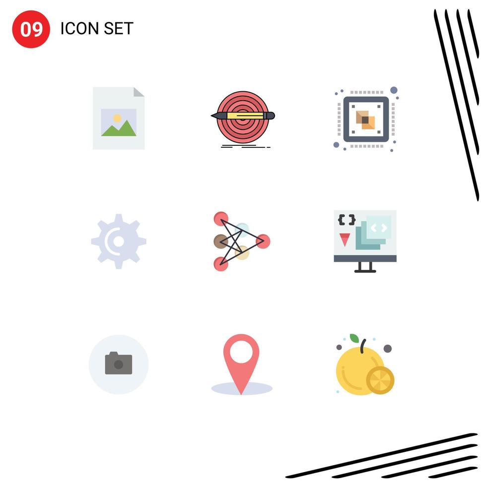 Mobile Interface Flat Color Set of 9 Pictograms of learning spin central gear processor Editable Vector Design Elements