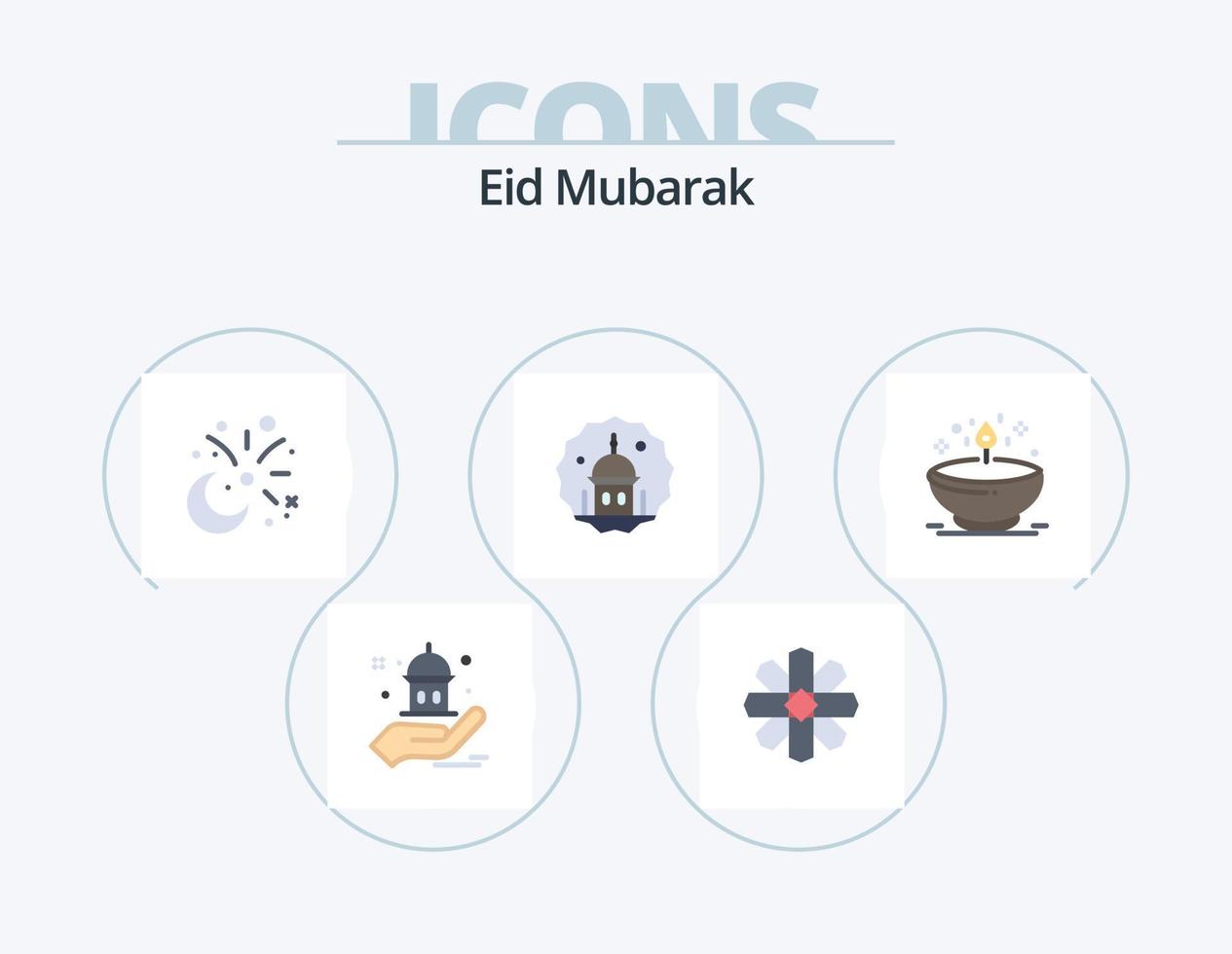 Eid Mubarak Flat Icon Pack 5 Icon Design. pray. muslim. moon. masjid. fireworks vector