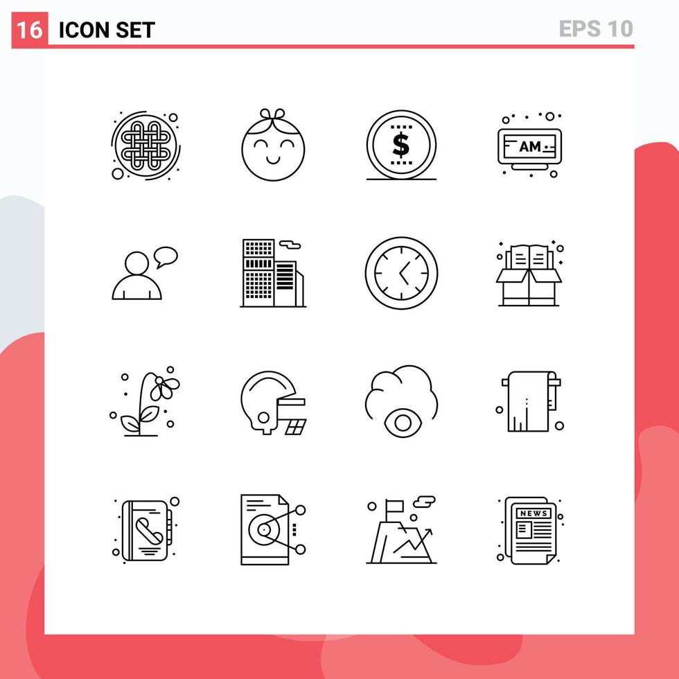 16 Universal Outline Signs Symbols of building chatting money basic clock Editable Vector Design Elements