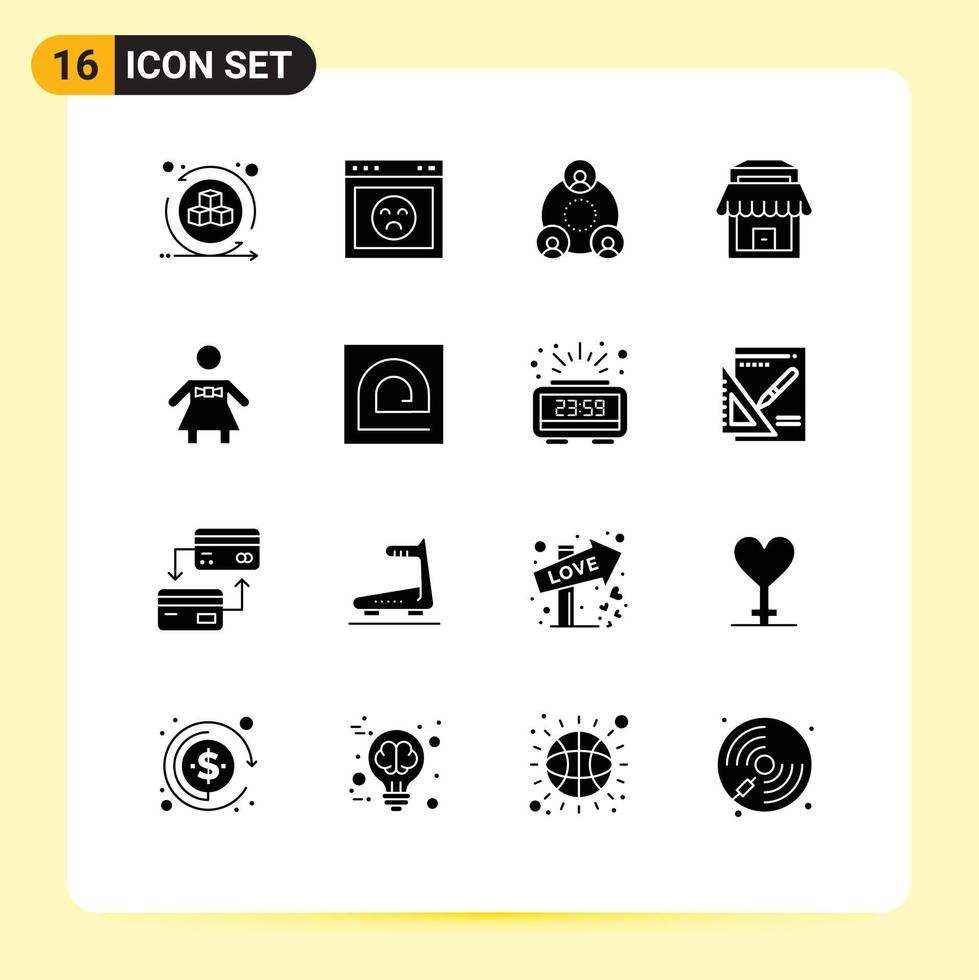 User Interface Pack of 16 Basic Solid Glyphs of woman bow tie company shop building Editable Vector Design Elements