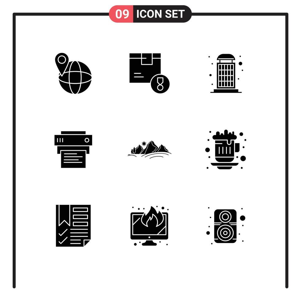 Group of 9 Solid Glyphs Signs and Symbols for landscape education booth printing printer Editable Vector Design Elements