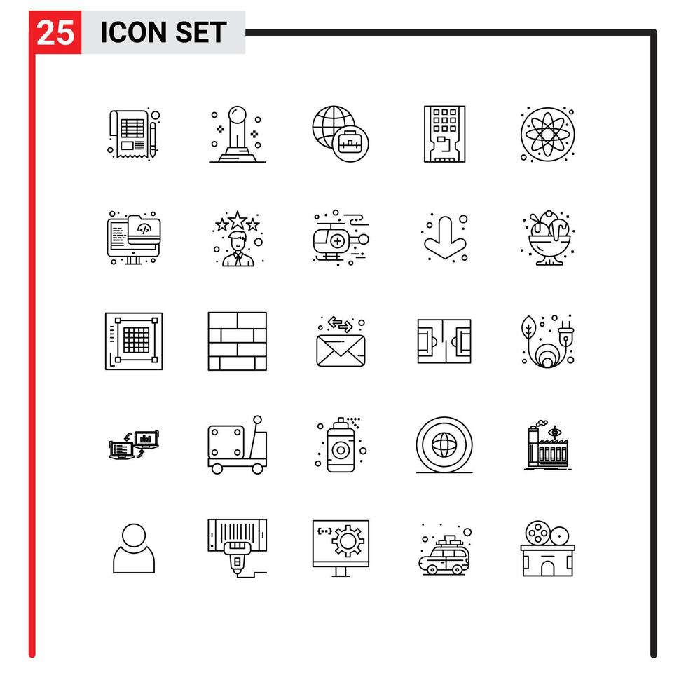 Modern Set of 25 Lines Pictograph of archive laboratory international business atom solid Editable Vector Design Elements