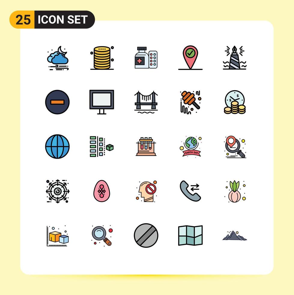 Group of 25 Filled line Flat Colors Signs and Symbols for write pin server check in pills Editable Vector Design Elements