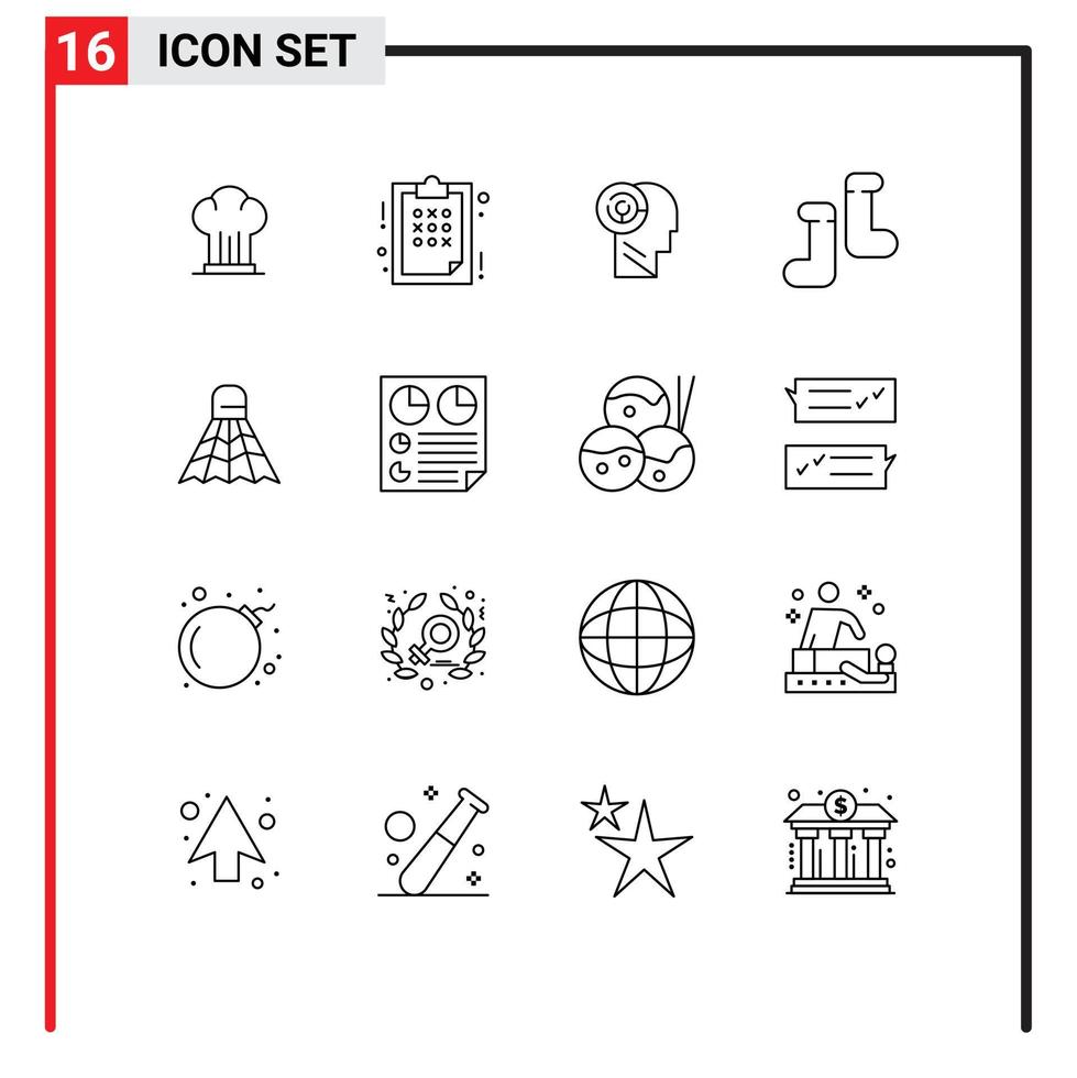 Mobile Interface Outline Set of 16 Pictograms of sport badminton strategy shoes target Editable Vector Design Elements