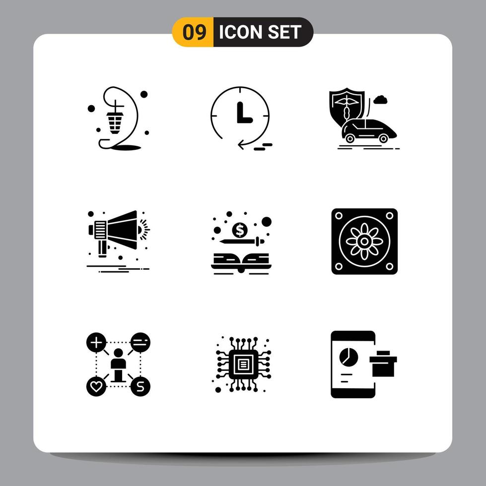 9 User Interface Solid Glyph Pack of modern Signs and Symbols of book multimedia car horn safety Editable Vector Design Elements
