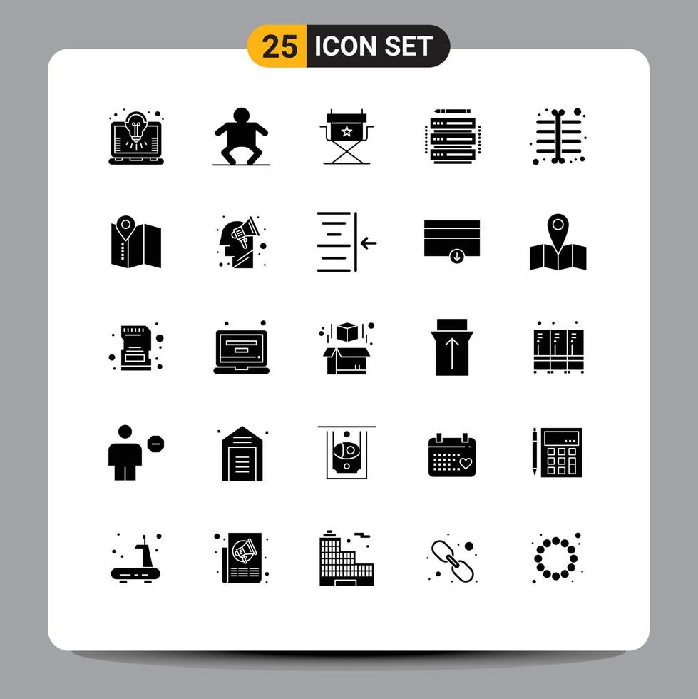 pictograma conjunto de 25 sencillo sólido glifos de ubicación rayo cine cofre estante editable vector diseño elementos