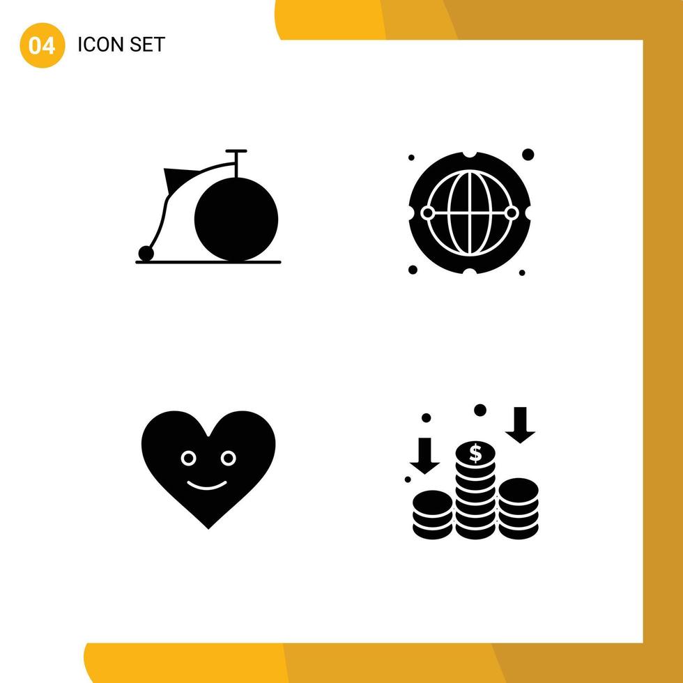 4 User Interface Solid Glyph Pack of modern Signs and Symbols of bicycle heart wheel network finance Editable Vector Design Elements