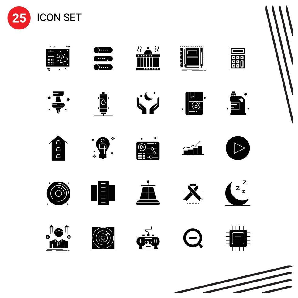 25 Universal Solid Glyphs Set for Web and Mobile Applications pocket notebook on off book spa Editable Vector Design Elements