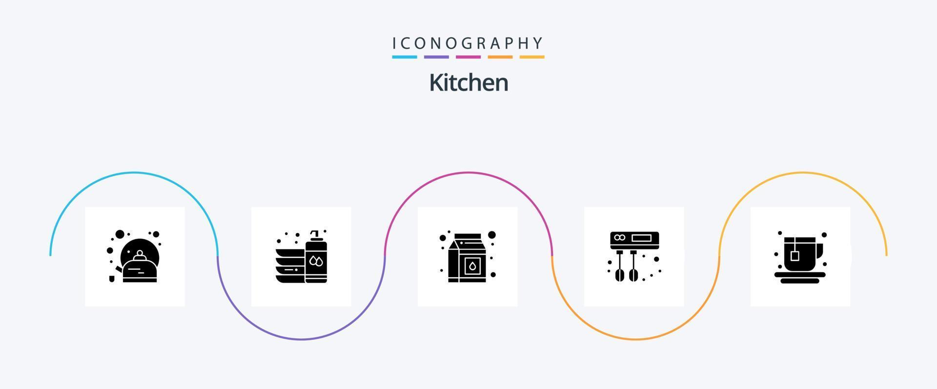 Kitchen Glyph 5 Icon Pack Including tea. cup. wash. mixer. cook vector