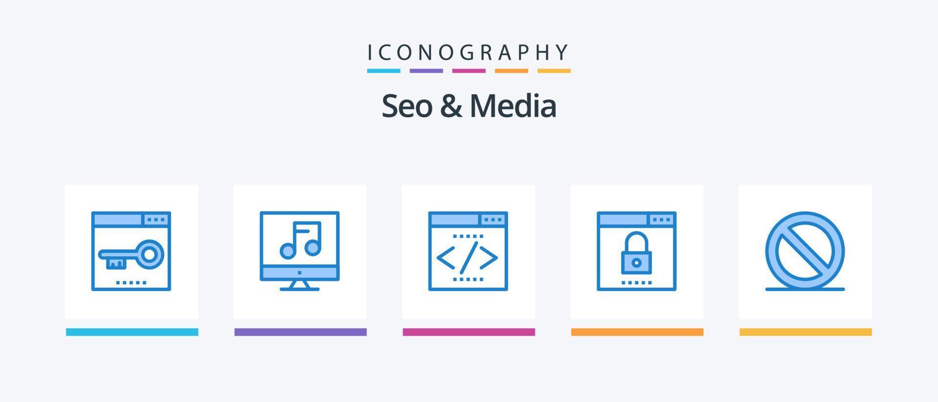 Seo and Media Blue 5 Icon Pack Including security. optimization. video. media. seo. Creative Icons Design vector