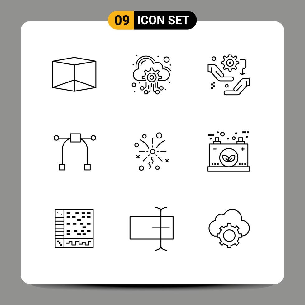 9 User Interface Outline Pack of modern Signs and Symbols of battery light setup fireworks graphic Editable Vector Design Elements