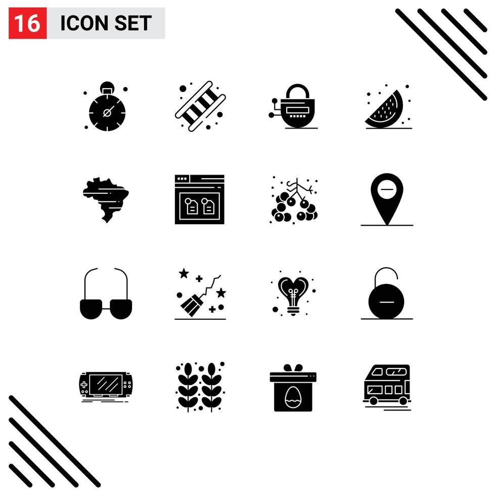 16 Universal Solid Glyph Signs Symbols of country brazil lock watermelon food Editable Vector Design Elements