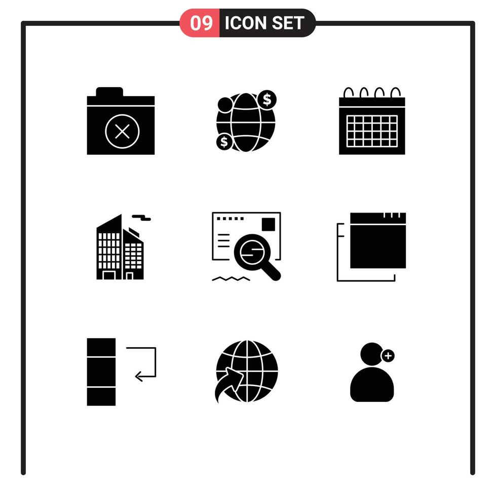 Pack of 9 Modern Solid Glyphs Signs and Symbols for Web Print Media such as apps find schedule email skyscraper Editable Vector Design Elements