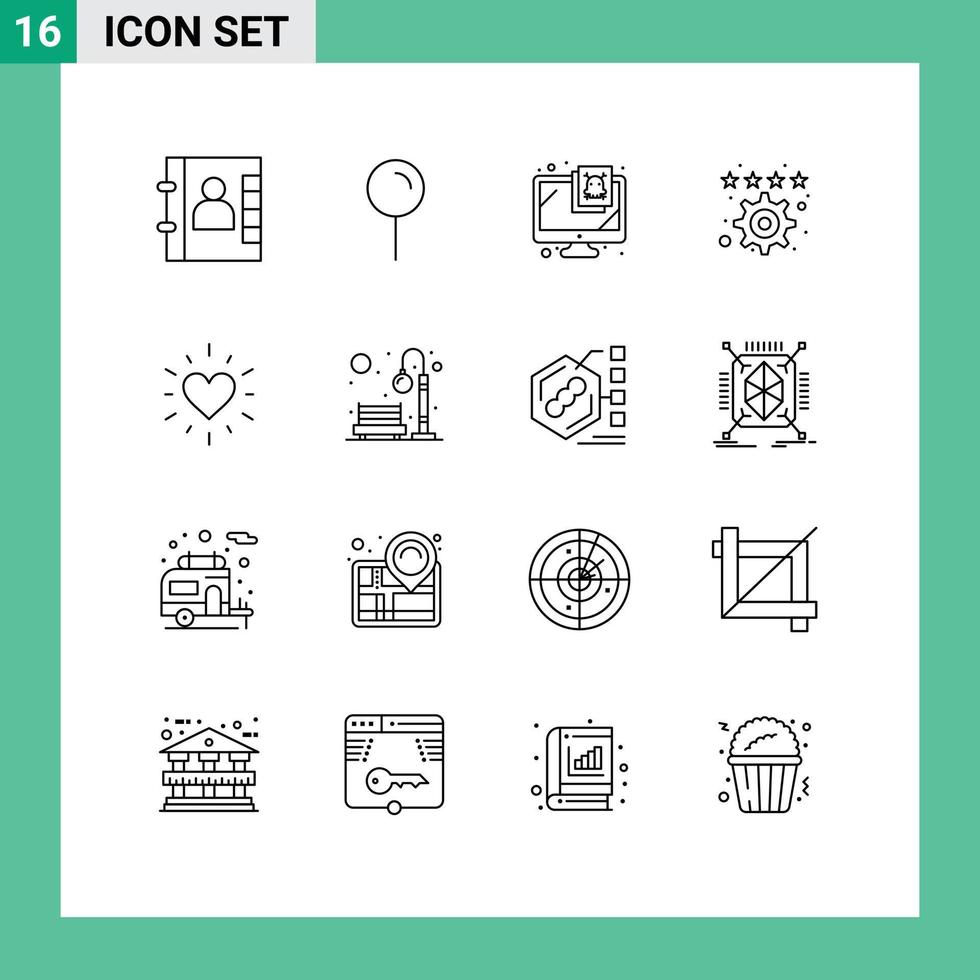 16 User Interface Outline Pack of modern Signs and Symbols of valentine heart monitor settings favorite Editable Vector Design Elements