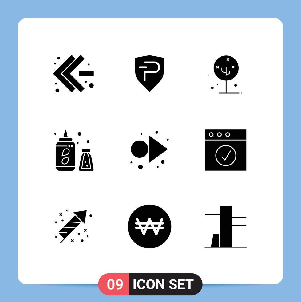 Pictogram Set of 9 Simple Solid Glyphs of right arrow flower water bottle bottle Editable Vector Design Elements