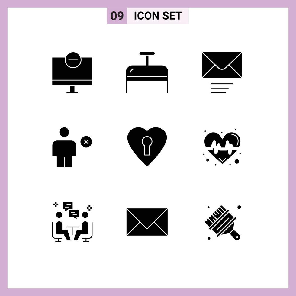 9 User Interface Solid Glyph Pack of modern Signs and Symbols of love minus mail human body Editable Vector Design Elements