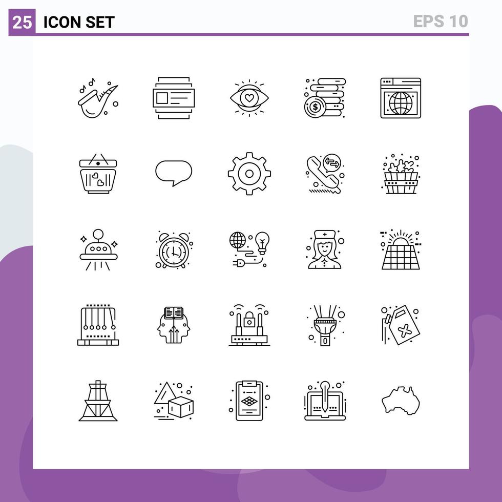 Universal Icon Symbols Group of 25 Modern Lines of webpage seo eyes coins income Editable Vector Design Elements