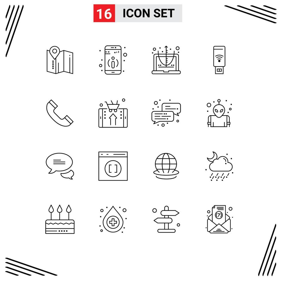 Universal Icon Symbols Group of 16 Modern Outlines of telephone call computer signal wifi Editable Vector Design Elements