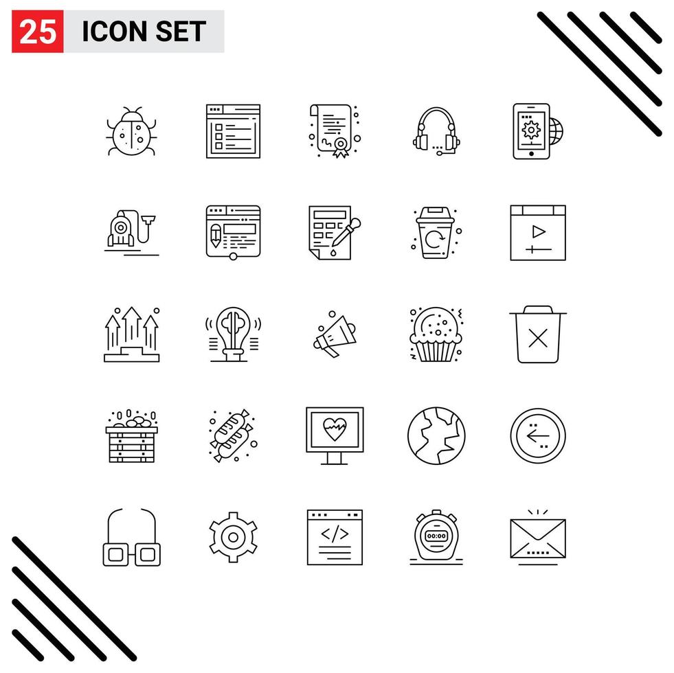 Mobile Interface Line Set of 25 Pictograms of headset communication website call diploma Editable Vector Design Elements