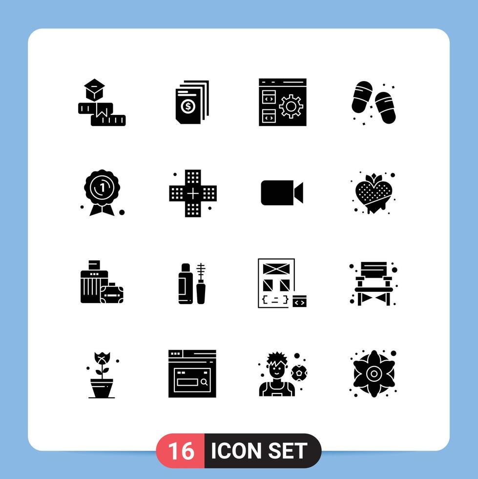 Modern Set of 16 Solid Glyphs Pictograph of footwear beach invoice management develop Editable Vector Design Elements
