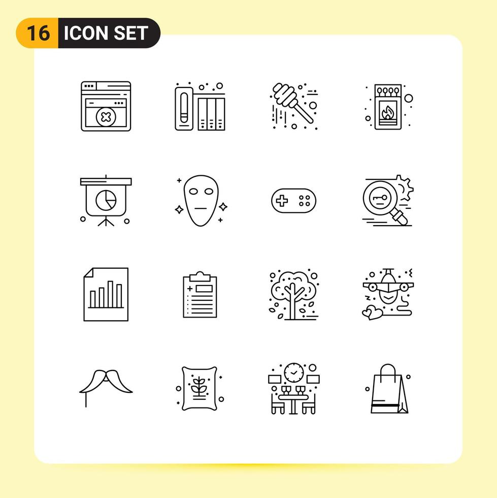16 User Interface Outline Pack of modern Signs and Symbols of presentation business jar stick fire Editable Vector Design Elements