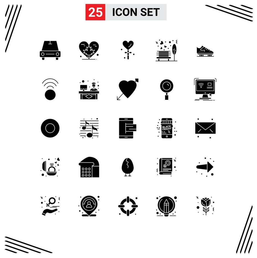 Pack of 25 creative Solid Glyphs of boot park heart outdoor bench Editable Vector Design Elements