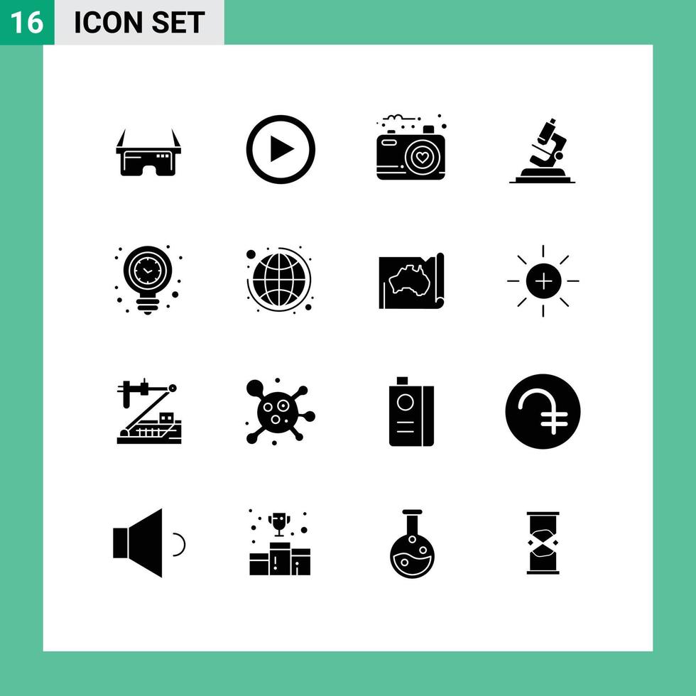 Set of 16 Vector Solid Glyphs on Grid for energy zoom camera science lab Editable Vector Design Elements