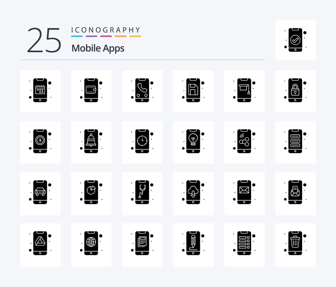 móvil aplicaciones 25 sólido glifo icono paquete incluso memoria disco. aplicación compras. vocación. móvil vector