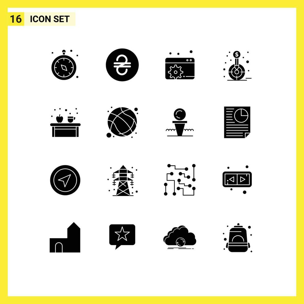Mobile Interface Solid Glyph Set of 16 Pictograms of drink coffee dashboard target fund Editable Vector Design Elements