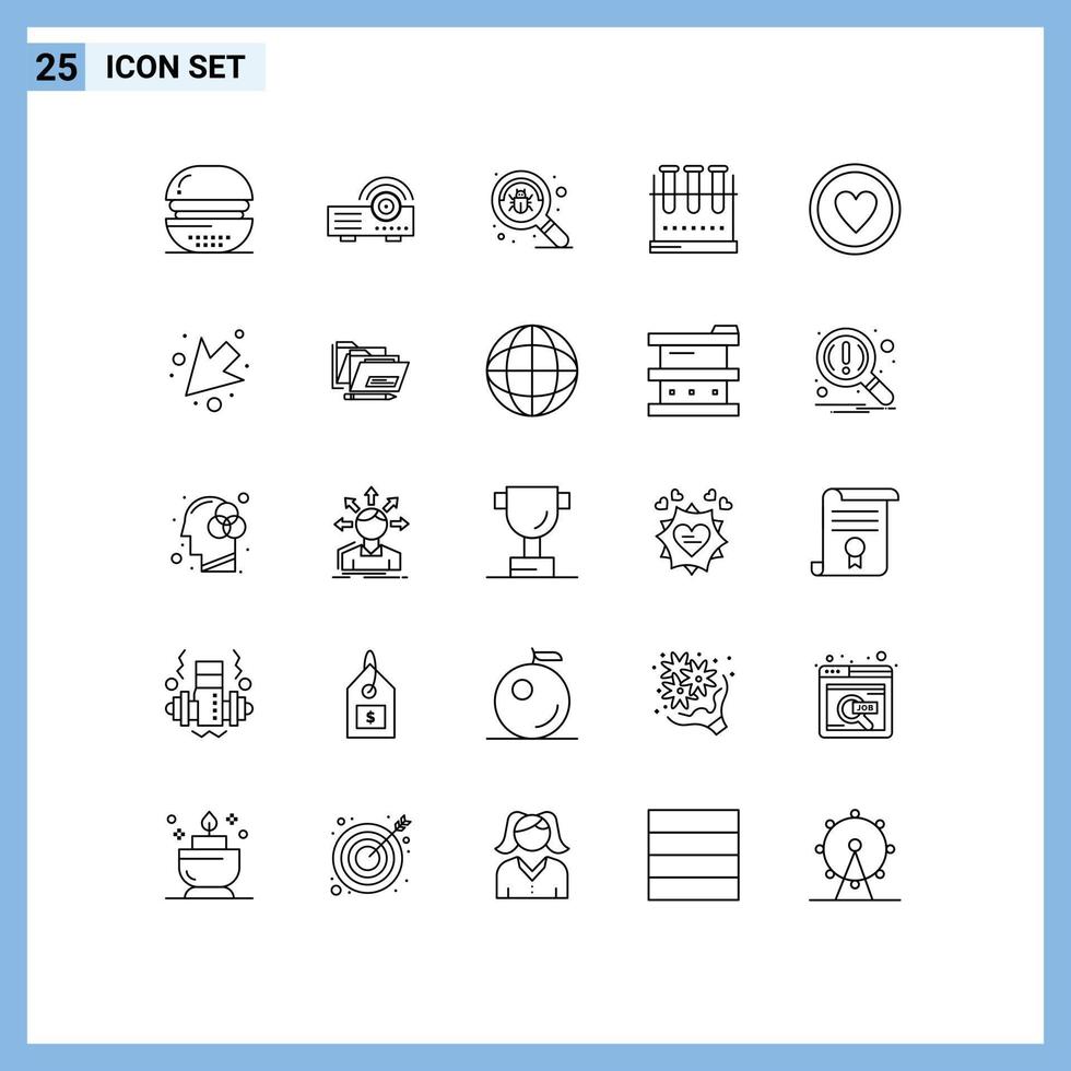 Universal Icon Symbols Group of 25 Modern Lines of test tube lab flask service erlenmeyer flask virus Editable Vector Design Elements