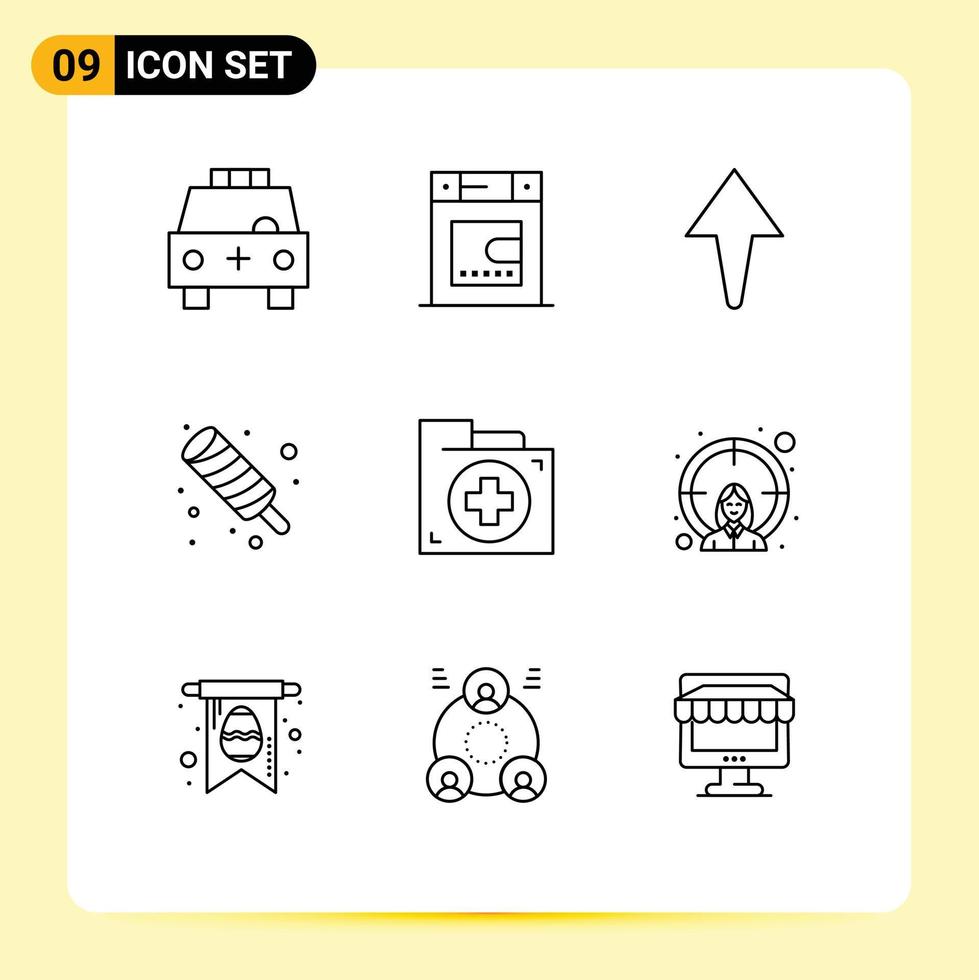 Group of 9 Outlines Signs and Symbols for first bag arrow aid ice cream Editable Vector Design Elements