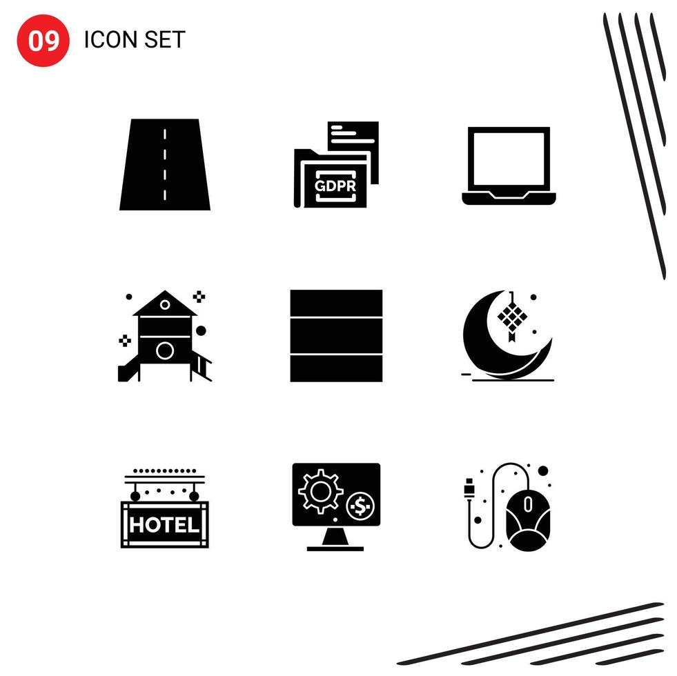 Editable Vector Line Pack of 9 Simple Solid Glyphs of play kindergarten folder kids laptop Editable Vector Design Elements