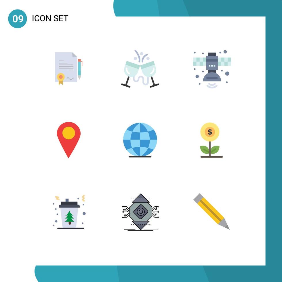 Mobile Interface Flat Color Set of 9 Pictograms of global location restaurant map space Editable Vector Design Elements