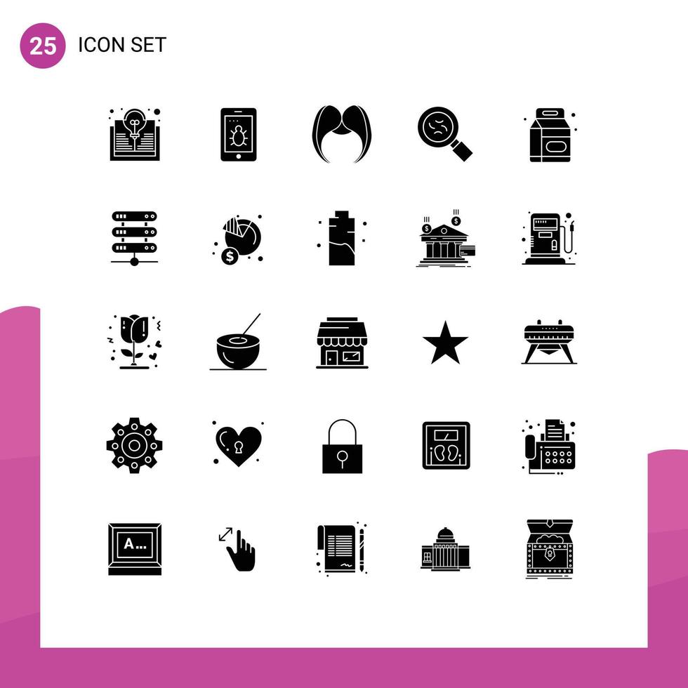 Group of 25 Solid Glyphs Signs and Symbols for milk beverage hipster virus bacteria Editable Vector Design Elements