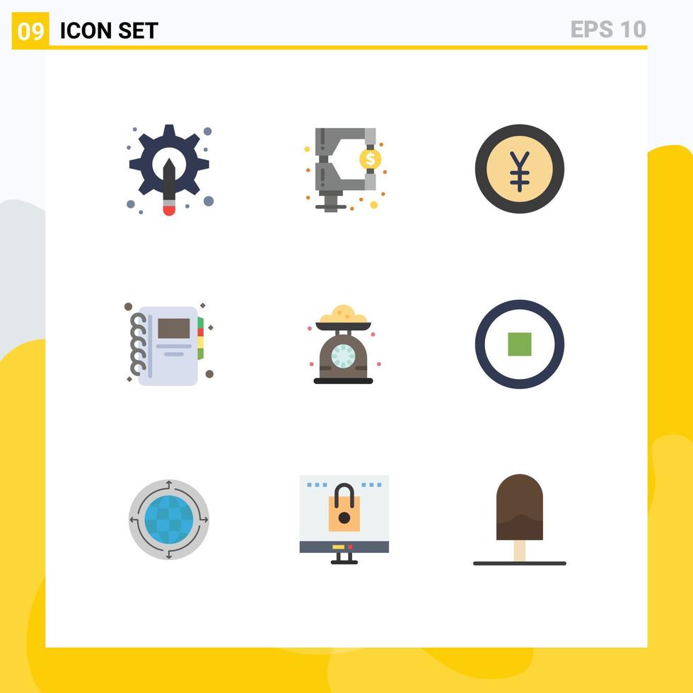 Modern Set of 9 Flat Colors Pictograph of cooking notepad tax notebook yen Editable Vector Design Elements