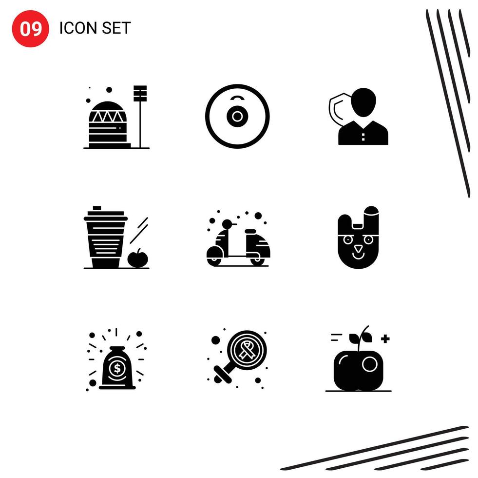 Modern Set of 9 Solid Glyphs Pictograph of apple coffee security shield personal Editable Vector Design Elements