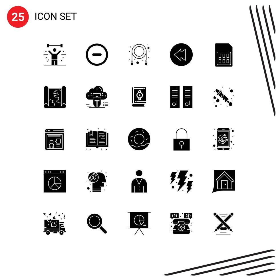 Set of 25 Vector Solid Glyphs on Grid for sim card phone jump mobile rewind Editable Vector Design Elements