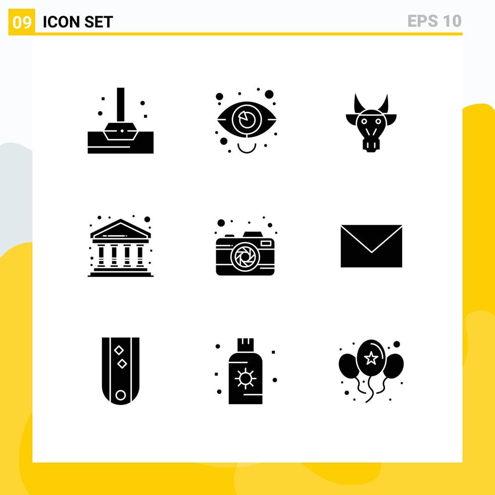 Pack of 9 Modern Solid Glyphs Signs and Symbols for Web Print Media such as camera finance adornment city skull Editable Vector Design Elements