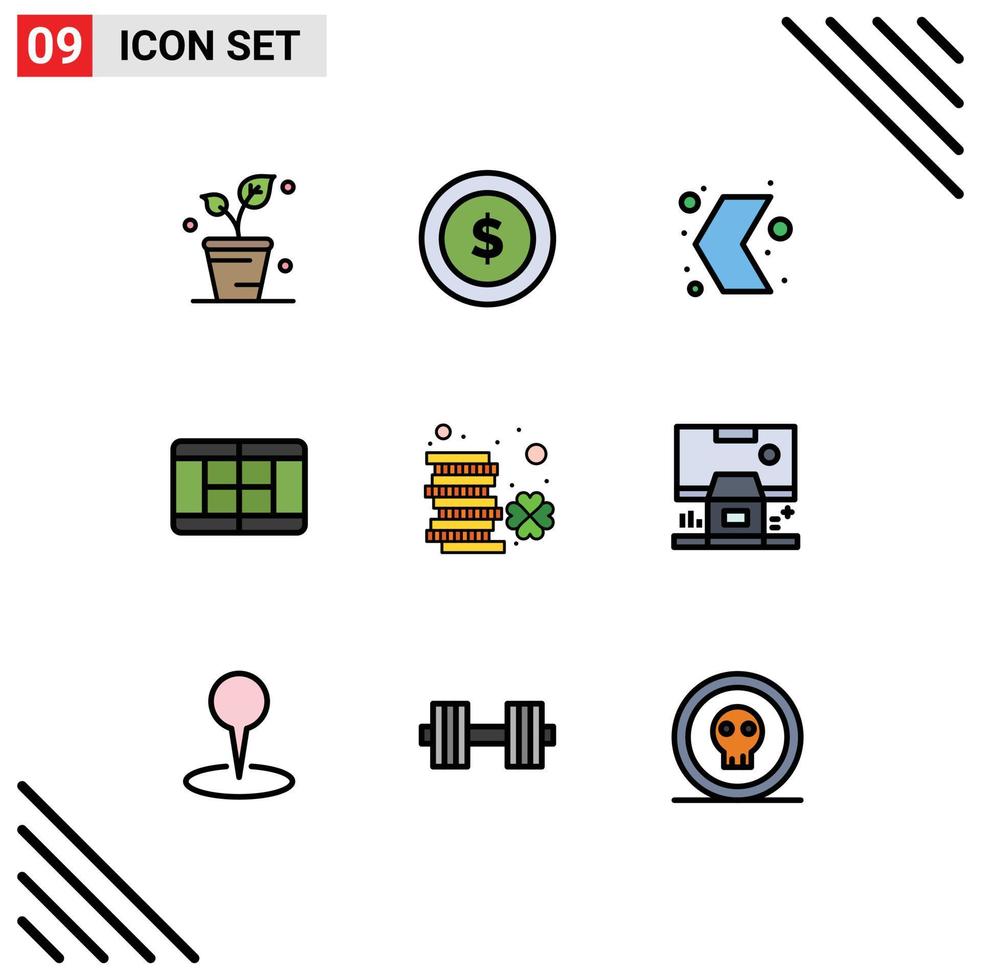 User Interface Pack of 9 Basic Filledline Flat Colors of irish coin arrow tennis pointer Editable Vector Design Elements