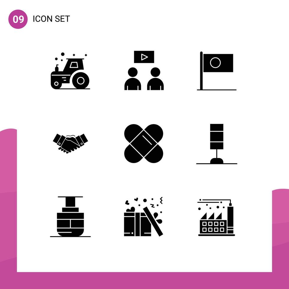 Group of 9 Solid Glyphs Signs and Symbols for partnership hands bangla business handshake Editable Vector Design Elements