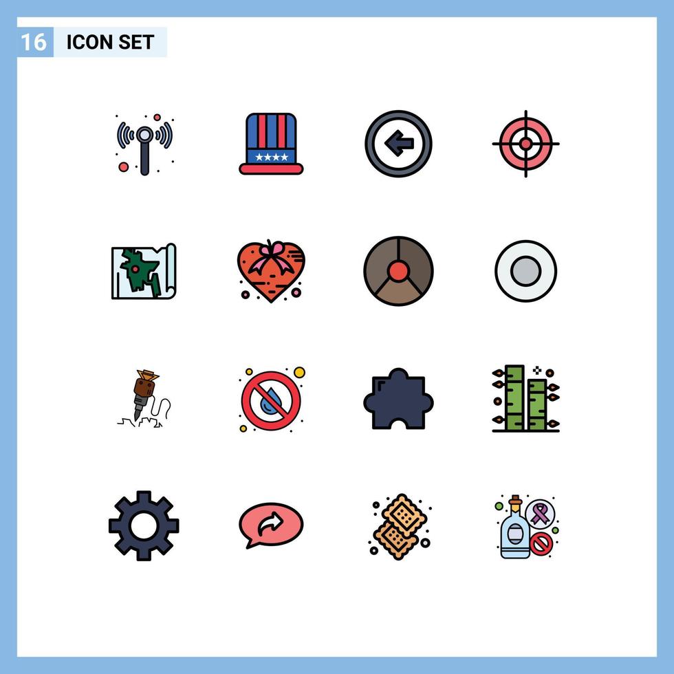 User Interface Pack of 16 Basic Flat Color Filled Lines of world bangladesh button target aim Editable Creative Vector Design Elements